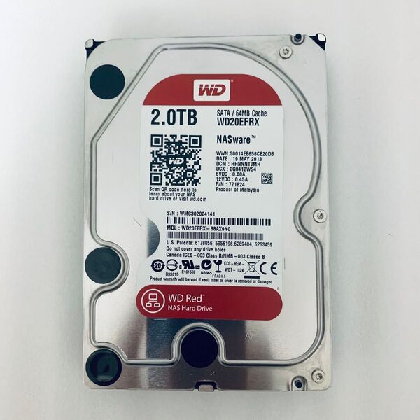 【中古 HDD】WesternDigital RED HDD 2TB 型番: WD20EFRX-68EUZN0