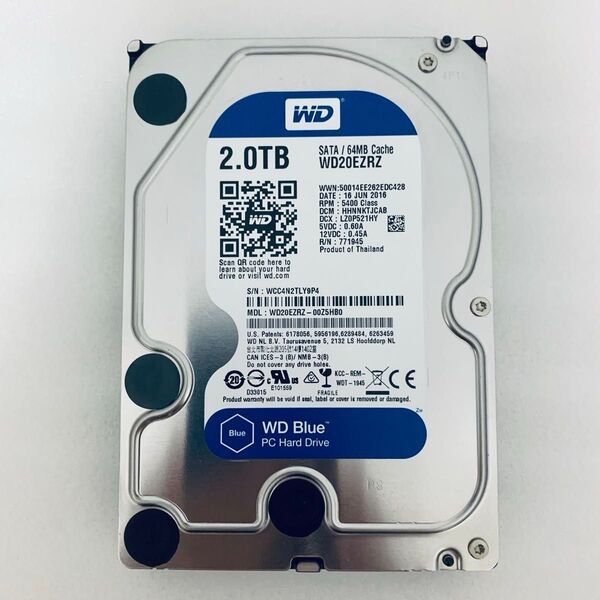 【中古 HDD】WesternDigital Blue HDD 2TB 型番: WD20EZRZ-00Z5HB0