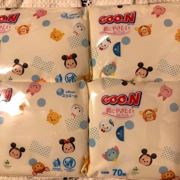 グーン 肌にやさしいおしりふき ディズニーツムツムデザイン (70枚入)4個 ゆうパケットポストで発送 サイズギリギリの為簡易包装