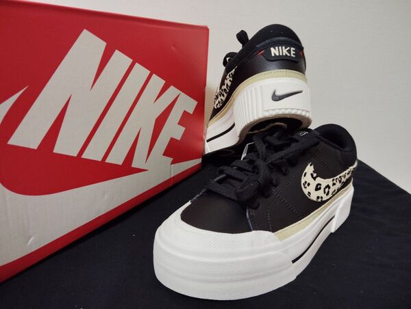新品23.5cmNIKEナイキコートレガシーリフト厚底プラットフォームレディーススニーカーブラック黒ヒョウ柄豹柄レオパード