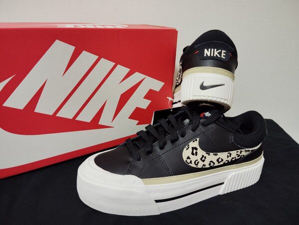 新品24cmNIKEナイキコートレガシーリフト厚底プラットフォームレディーススニーカーブラック黒ヒョウ柄豹柄レオパード