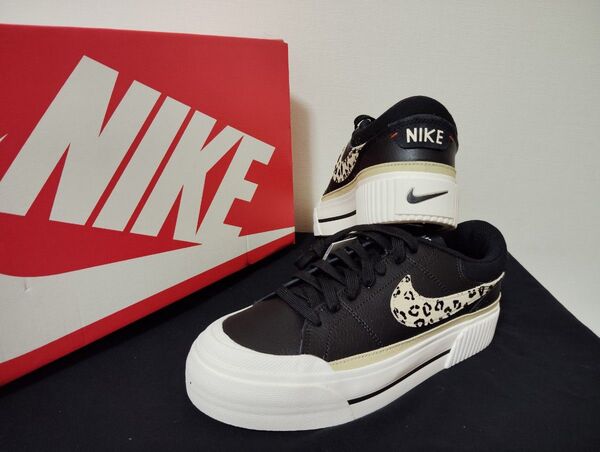 新品24.5cmNIKEナイキコートレガシーリフト厚底プラットフォームレディーススニーカーブラック黒ヒョウ柄豹柄レオパード