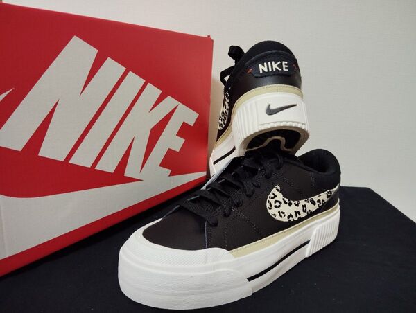 新品25cmNIKEナイキコートレガシーリフト厚底プラットフォームレディーススニーカーブラック黒ヒョウ柄豹柄レオパード