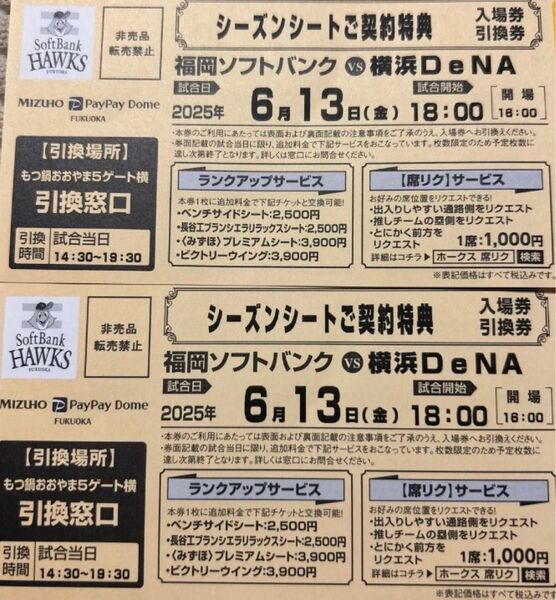 6月13日(金) 福岡ソフトバンクvs横浜DeNA 入場券引換券 2枚