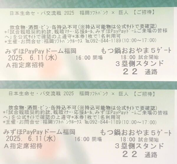【通路側】6月11日(水) ソフトバンクホークスvs巨人 A指定席 ペアチケット