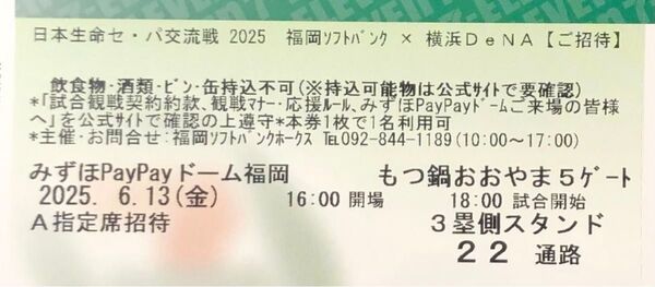 6月13日ソフトバンクホークスvs横浜DeNA A指定席チケット 1枚