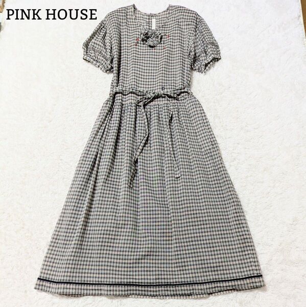 美品◎ピンクハウス マキシ丈ワンピース ロング いちご 苺 チェック ワンピース リボン Aライン ゆったり F グレー系