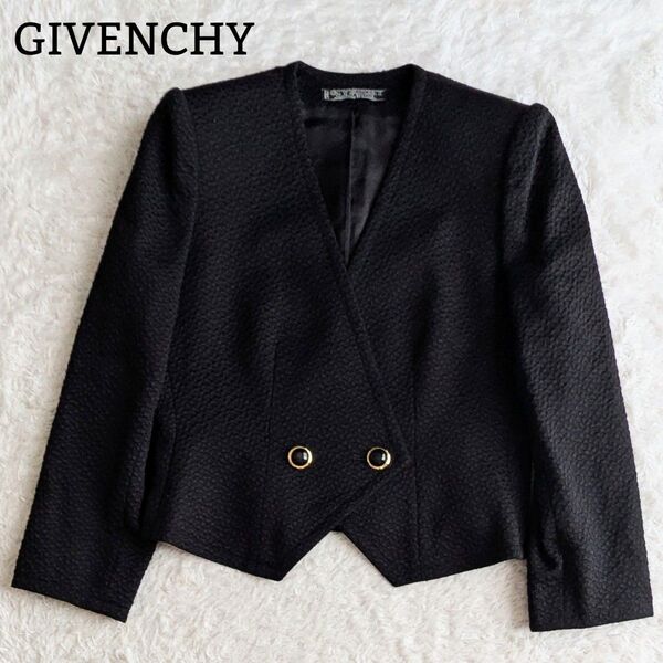 良品◎ジバンシィ GIVENCHY ノーカラージャケット フォーマル 冠婚葬祭 希少 高級 日本製 ブラック 黒 M ジャケット