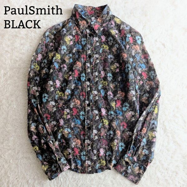 良品◎ポールスミスブラック Paul Smith 長袖シャツ コットン シャツブラウス 花柄 マルチカラー チャコールグレー LL