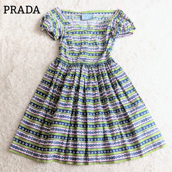 美品◎PRADA プラダ 花柄ワンピース 膝丈 フラワー Aライン フレアスカート 半袖 38 M 緑 グリーン 青 ブルー