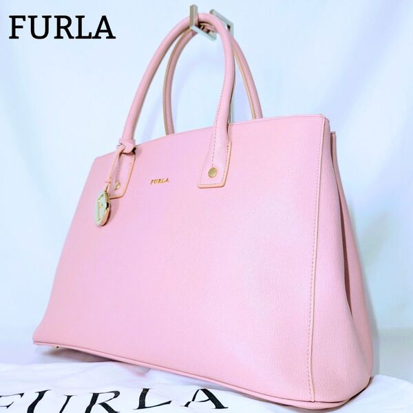 良品◎フルラ FURLA 2way トートバッグ ハンドバッグ LINDA レザー 肩掛け 自立型 鞄 通勤 通学 A4可 ピンク