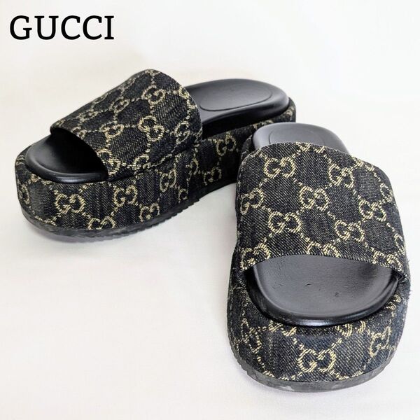 良品◎グッチ GUCCI 厚底 フラットシューズ GG柄 サンダル デニム パンプス ミュール 靴 イタリア製 希少 黒 35