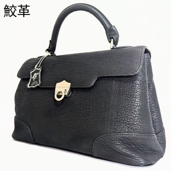 良品◎希少★シャーススキン ハンドバッグ 手提げ 鮫革 トートバッグ オールレザー フォーマル シルバー金具 黒 ブラック