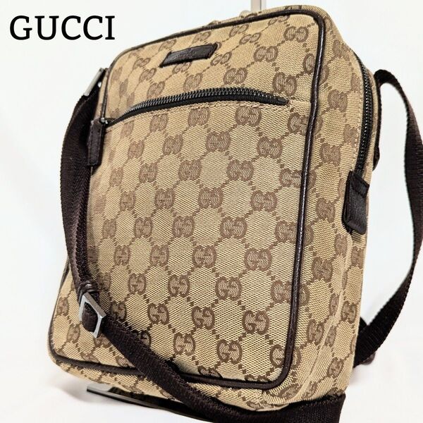 GUCCI グッチ ショルダーバッグ GG柄 斜め掛け クロスボディ ロゴ キャンバス レザー サコッシュ ポシェット ブラウン