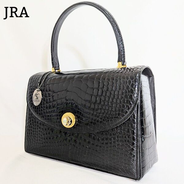 美品◎JRA公認 シャイニングクロコダイル ハンドバッグ センター取り エキゾチックレザー バッグ 高級 本革 ゴールド金具 黒