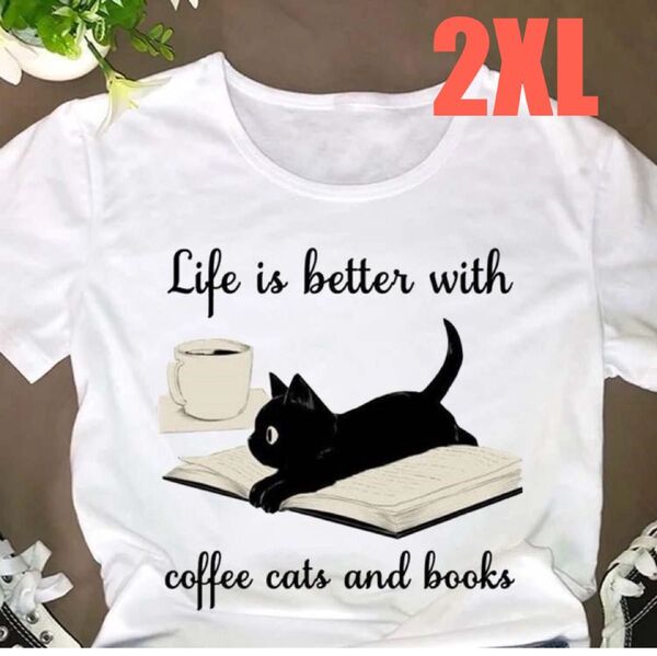 【人気】 猫 プリント Tシャツ カットソー イラスト 2XL ホワイト ②