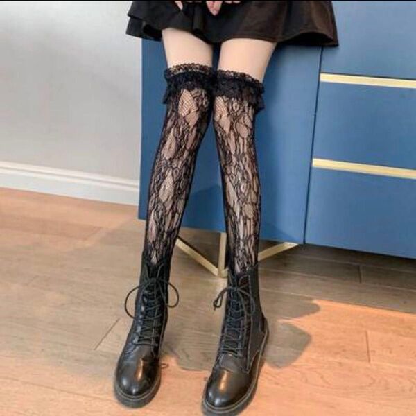 レース ニーハイ ソックス 靴下 セクシー フリル ロリータ 黒 ブラック