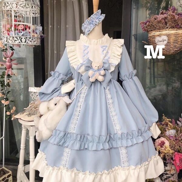 水色 フリル ロリータ ワンピース M 衣装 コスプレ 姫 メイド