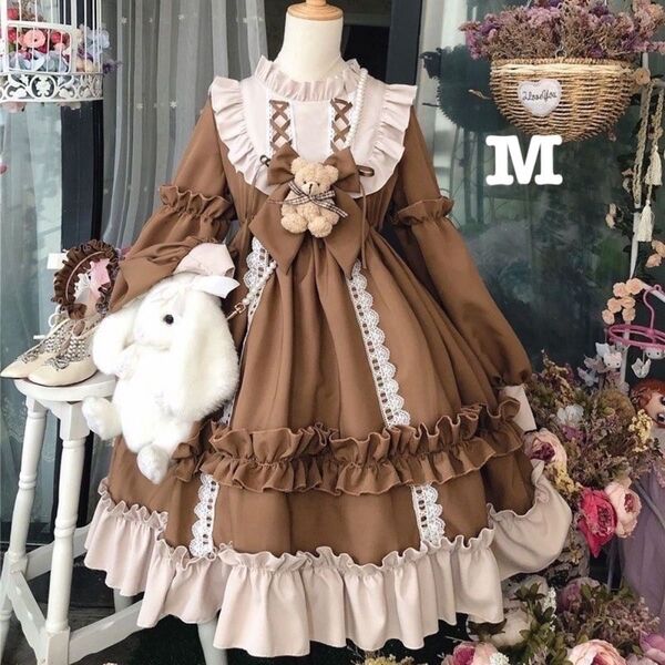 ロリータ フリル ワンピース ブラウン 茶色 メイド コンカフェ 衣装 M 森ガール