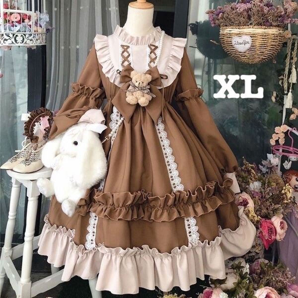 ブラウン ドレス フリル ワンピース メイド 衣装 コンカフェ 茶色 森ガール 衣装 ゴシック ロリータ コスプレ