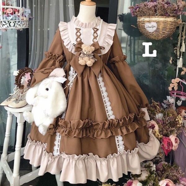 ロリータ 茶色 ワンピース フリル コスプレ メイド コンカフェ 森ガール 衣装