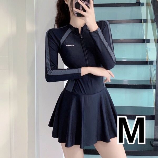 M 水着 長袖 ワンピース フィットネス ラッシュガード 日焼け UV ママ 黒