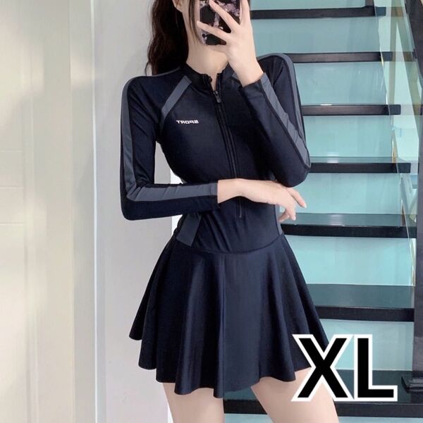 XL 水着 長袖 ワンピース フィットネス ラッシュガード 日焼け UV 黒