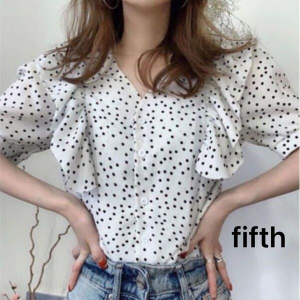 fifthフィフス ドット柄パフスリーブフリルブラウス 半袖ブラウス 水玉 カジュアル オフィス