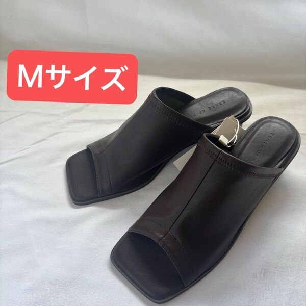 【訳あり】スクエアトウセンターシームストレッチミュール Mサイズ(23.5cm〜24cm)ブラウン BROWN ヒール サンダル