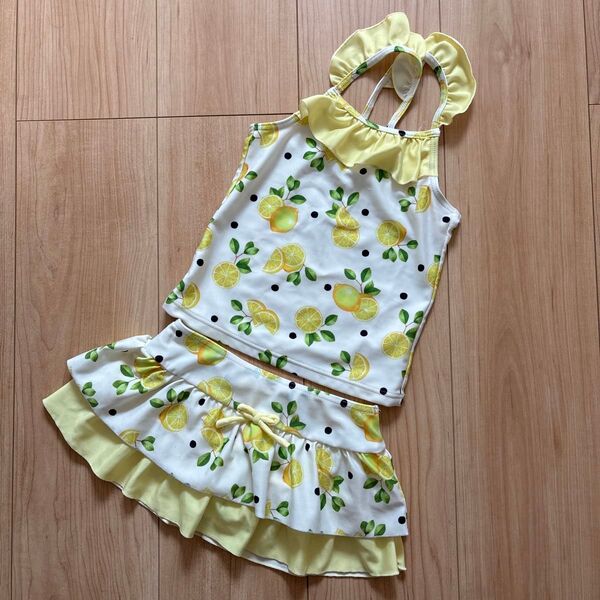 女の子 水着 レモン柄 フリル付き 110cm