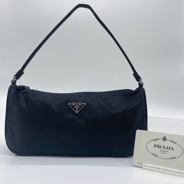 【美品】PRADA プラダ アクセサリーポーチ ハンドバッグ ブラック 三角プレート テスートナイロン