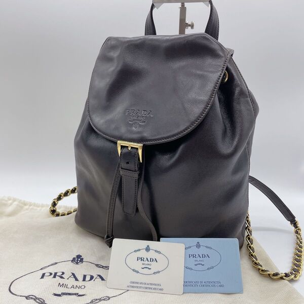 【希少】PRADA プラダ オールレザー リュック バックパック ブラウン チェーン ゴールド金具
