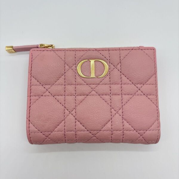 【美品正規品】Dior クリスチャンディオール カナージュ 折り財布 CDロゴ ピンク ゴールド金具