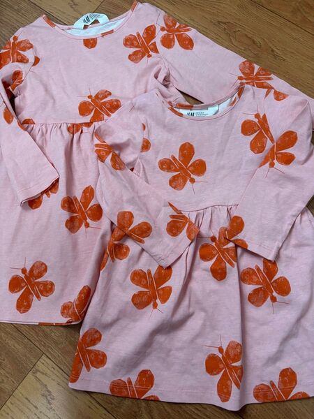 H&M 新品 花柄 長袖チュニック ワンピース 90 110 姉妹 お揃い