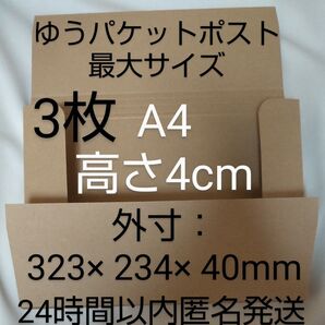 ダンボール 4cm A4 段ボール 3枚 ゆうパケットポスト最大 発送用 ダンボール箱 高さ 可変 新品未使用 梱包材 梱包資材