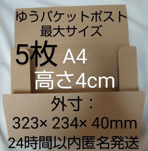 A4 ダンボール箱 4cm 5枚 ゆうパケットポスト専用 箱 ゆうパケットポスト最大 梱包材 梱包資材 新品 24時間以内匿名発送