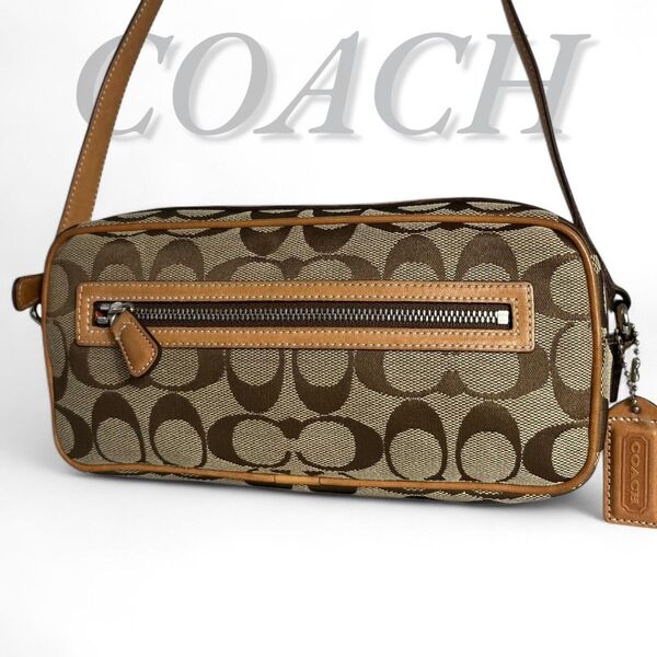 美品 COACH コーチ ショルダーバッグ シグネチャー キャンバス レザー ポシェット 斜め掛け クロスボディ