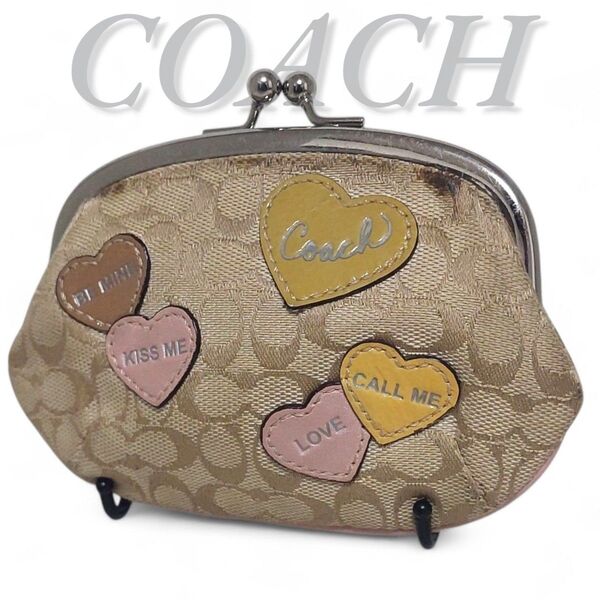 良品 COACH コーチ コインケース 小銭入れ がま口 アップリケ シグネチャー キャンバス ハート ベージュ