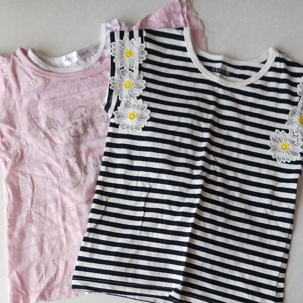 2枚セット かわいい♪ Tシャツ キッズ 半袖Tシャツ タンクトップ ボーダー リボン 120サイズ かわいい まとめ売り ピンク