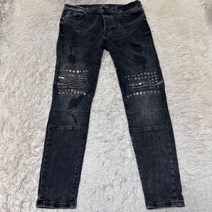 ZARA y2k デニム スタッズ ダメージ ジップ ギミック ブラック XL archive スキニー クラッシュ ジーンズ