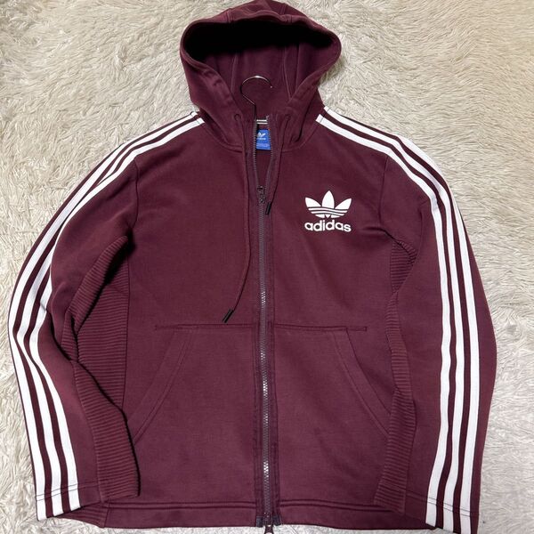 希少 80s adidas デカロゴ トラックジャケット パーカー 復刻 ボルドー M フーディ アディダス
