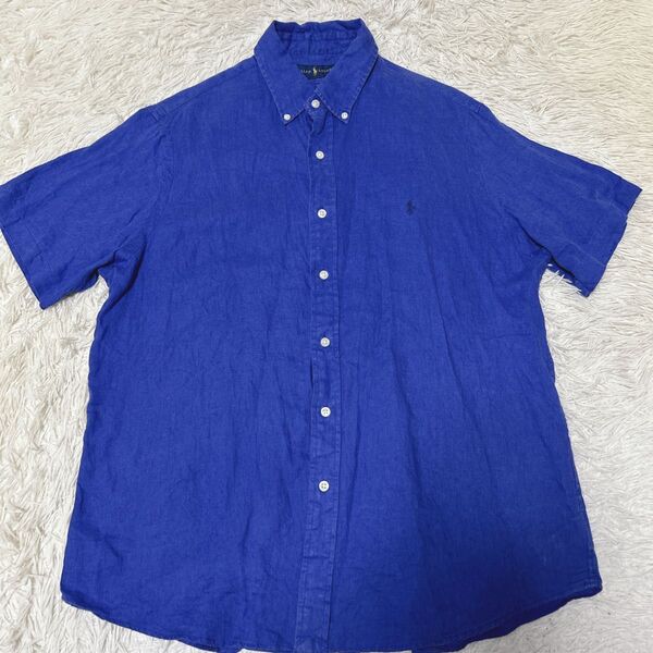 ラルフローレン リネン シャツ ポニー刺繍 L ボタンダウン ブルー RALPH LAUREN 同色ポニー 半袖 麻 春夏