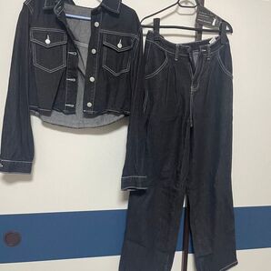 デニムジャケット&パンツ セットアップ ブラック ステッチ入り 2点セット