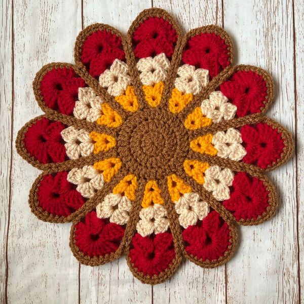 赤 ハンドメイド 円座 花の座布団 手編み座布団 クッション インテリア マット チェアパッド おざぶ 丸椅子カバー 花座布団