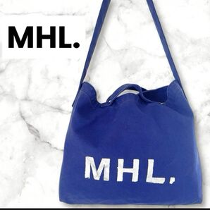 MHL. エムエイチエル キャンバス ショルダーバッグ トートバッグ ネイビー ホワイトロゴ