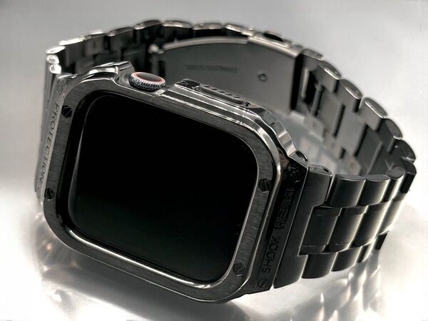 Apple Watch ステンレスバンド カバー アップルウォッチ メタルケース 一体型ベルト44mm45mm ブラック