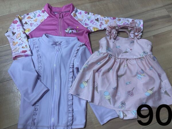 ラッシュガード&水着 3点セット 女の子 ミニー ワンピース水着 ピンク アイスクリーム柄 フリル 90cm スイムウェアパープル