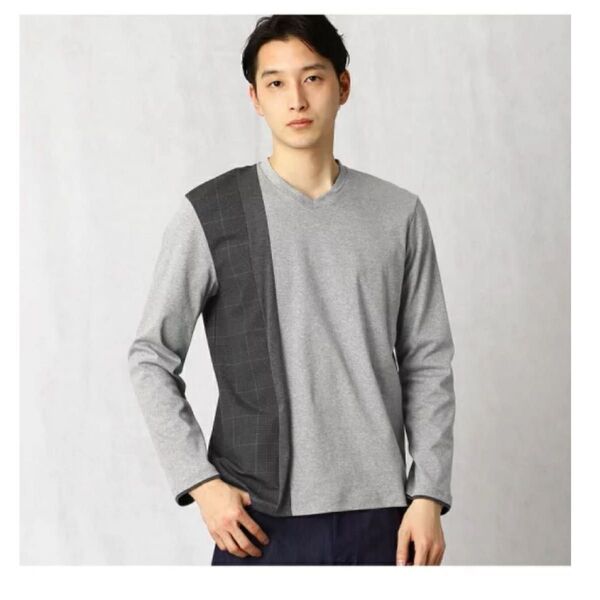 COMME CA MEN グレンチェック切り替えVネックカットソー コムサメン トップス グレー
