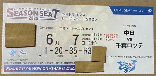 女性来場者 ドラ恋ユニホーム 35列 前通路 6/7(土)中日 VS 千葉ロッテ オパールシート バンテリンドーム