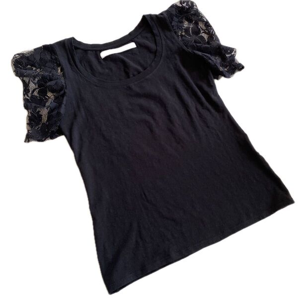 ZARA BASIC ザラ 花柄 袖レース 半袖 Tシャツ カットソー トップス 黒 ブラック size M